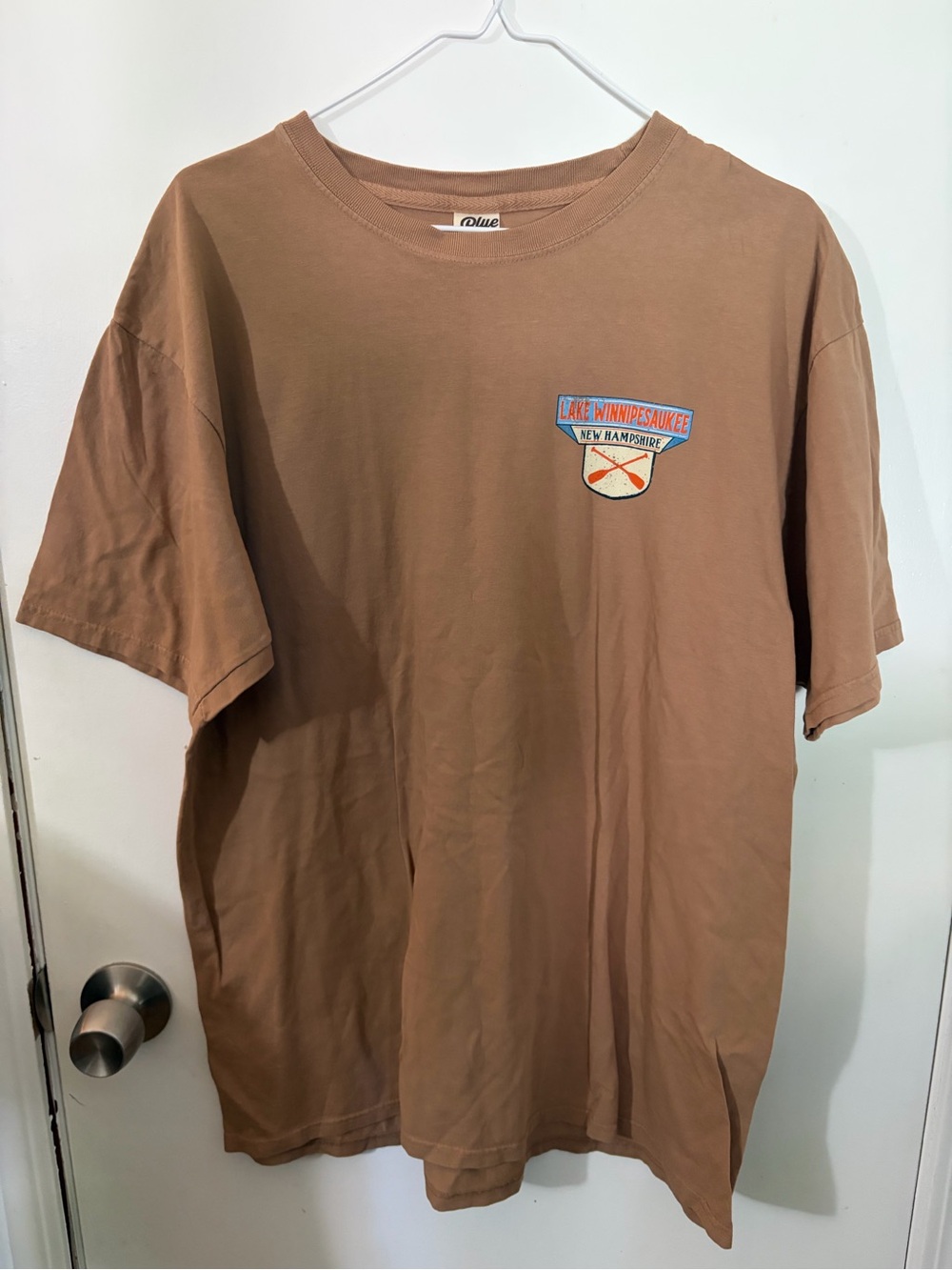 NWOT Men's Blue 84 Large Graphic Lake Winnipesaukee NH Tee in Brown Tote12